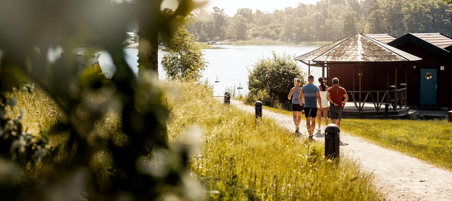 Tre personer går ner mot havet en sommardag