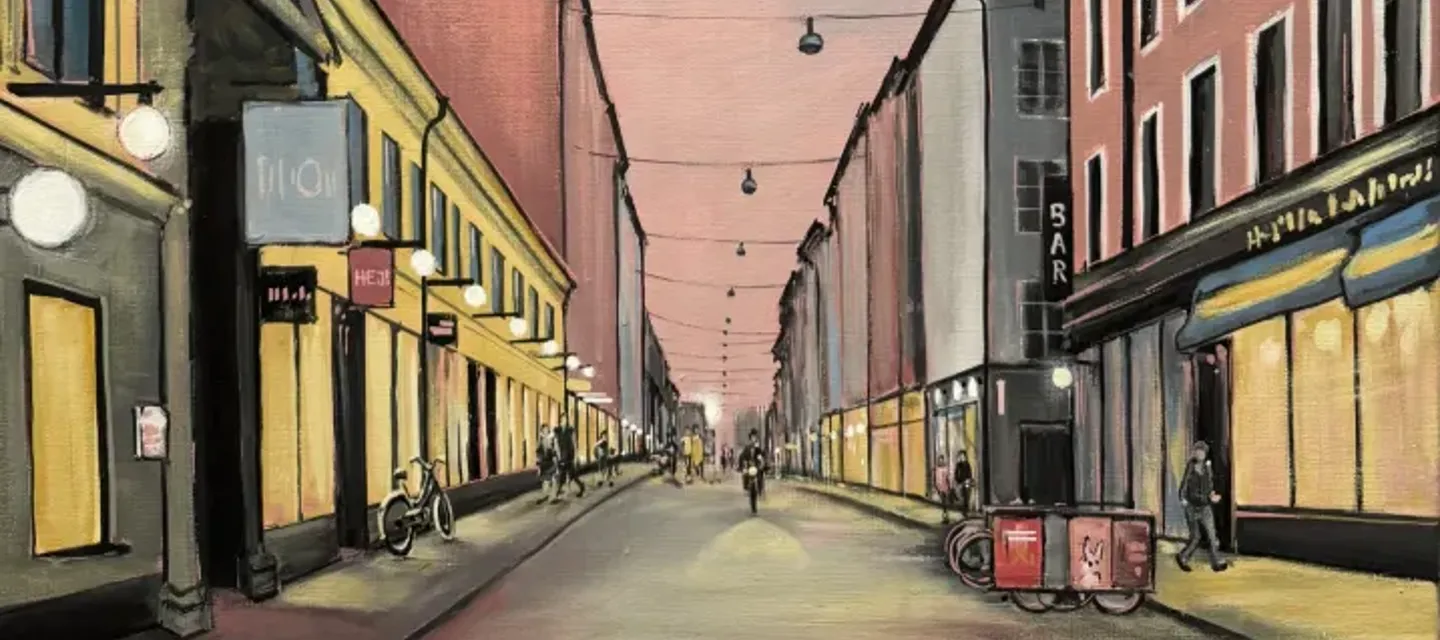 Tavla med motiv över Götgatan i Stockholm med rosa himmel