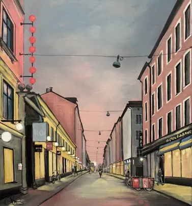 Tavla med motiv över Götgatan i Stockholm med rosa himmel