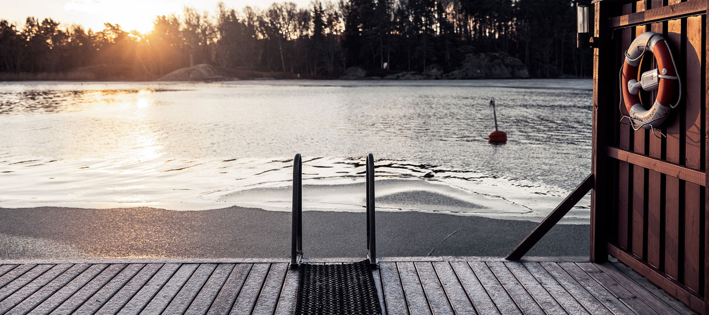 Brygga med stege i vintermiljö