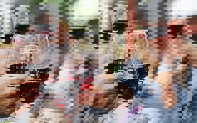 Människor skålar i rödvin